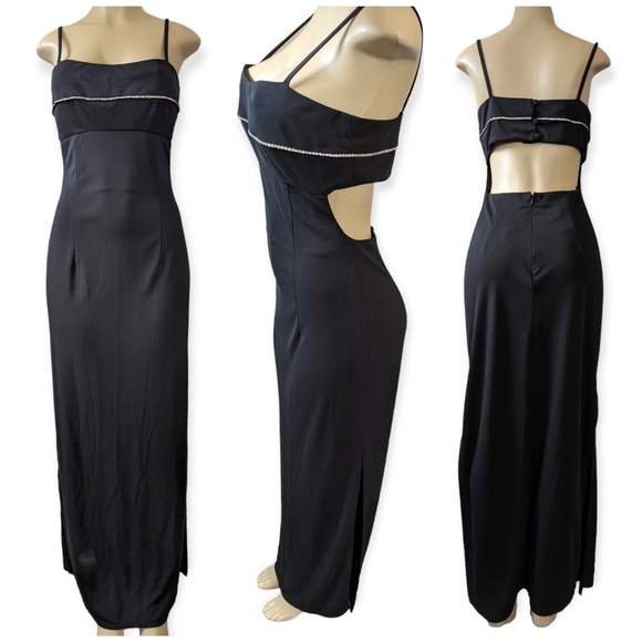 Vintage 90s Black Cut-out Jeweled Formal Gown - Picture 1 of 16